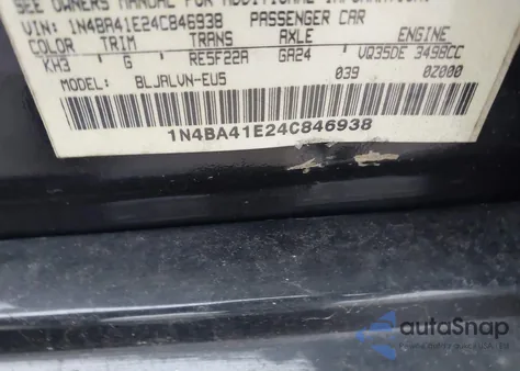 2004 Nissan Maxima 3.5 Se from USA, damaged, VIN 1N4BA41E24C846938